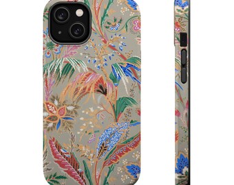 Breezy Botanicals, couleurs tropicales sur gris MagSafe Tough iPhone Case iPhones 13, 14 et 15 (Mini, Pro, Pro Max et Plus), mat ou brillant