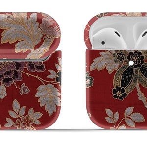 Japanese Red Floral Airpod Case | Hard Cover for 1st and 2nd Gen Original or Pro |   Modern Vintage Accessory | Keyring Included