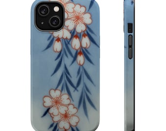 Cute Japanese Blue and White Flowers on MagSafe Tough iPhone Case for iPhones 12, 13, 14, 15, 16 (Mini, Pro, Pro Max, and Plus)