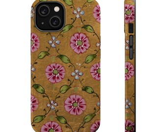 Sweet Pink and Gold Flower Painting Printed on MagSafe Tough iPhone Case for iPhones 12, 13, 14, 15, 16, 17 (Mini, Pro, Pro Max, Plus, Air)