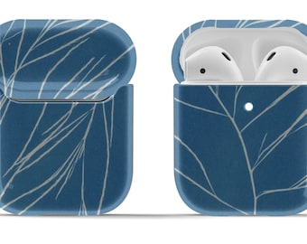 Fines lignes botaniques sur le boîtier Airpod bleu | Couverture rigide pour Original ou Pro | Accessoire vintage moderne | Porte-clés circulaire inclus
