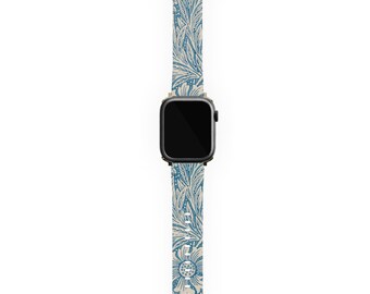 Coastal Blue & White Floral Pattern, Soft Faux-Suede Lining, Fits All Apple Watch Models (38mm–45mm) - All Series