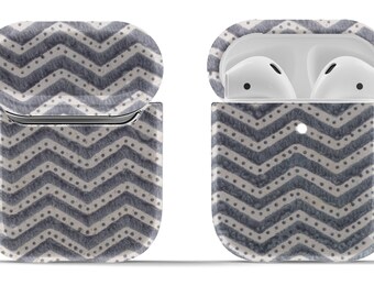 Étui vintage à chevrons pour Airpods, Original ou Pro | Accessoire vintage moderne bleu + blanc | Porte-clés rond inclus