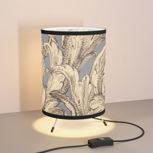 Grey and Cream Botanical Inspired Desk Lamp, Bedside Light, Tripod Lamp with High-Res Printed Shade, USCA plug