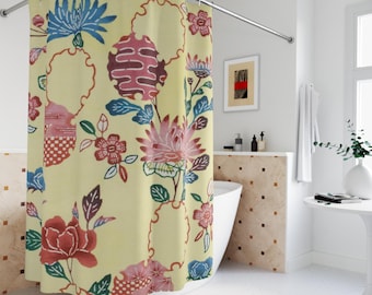 Mid-Century Blossoms: Quick-Dry Retro Polyester Shower Curtain in Pale Yellow with Vintage Asian Art