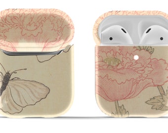 Butterfly and Pink Poppy on Airpod Case | Hard Cover for Original or Pro |Modern Vintage Accessory | Circle Keyring Included
