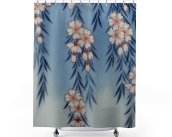Japanese Blue and White Floral Blossom Botanical Print | Vintage Art Relaxing Ocean Vibes | Washable Shower Curtain | Asian Aesthetic