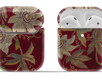 Chic and Protective Red Passionflower 1st Gen or 2nd Gen Airpods Case Cover | Modern Vintage Jungle Airpod Cover with Keyring Included