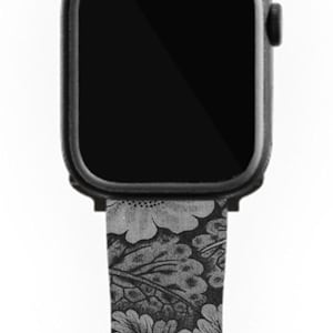 Elegant Black & White Floral Apple Watch Band, Premium Vegan Leather, Hardware in 4 Colors, iWatch Straps - Sizes (38mm–45mm)