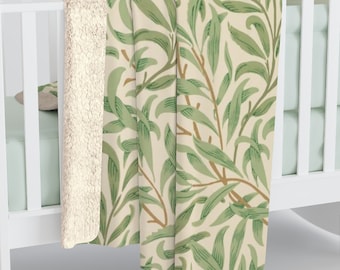 Manta de lana Nature Sherpa, hojas verdes en crema simple, ideal para habitaciones para niños