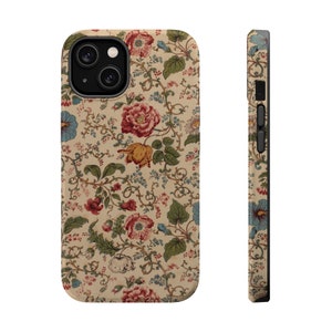 May include: A floral phone case with a beige background and a repeating pattern of red, pink, yellow, blue, and green flowers. The case has a cutout for the camera lens.