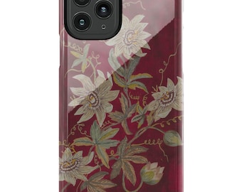 White Passionflowers on Deep Red Tough Phone Cases | iPhones 7, 8, X, 11, 12, 13, 14, 15, 16, 17, Android Galaxy Many Sizes, Pixel 7, 8, 9