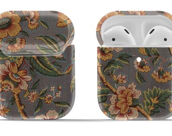 Vintage Floral Print on Airpod Case | 1st  + 2nd Gen Airpods Case Original or Pro | Grey Yellow Modern Vintage Accessory | Circle Keyring