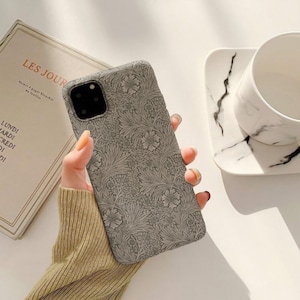 Neutral Minimalist Vintage Botanical Pattern Grey and White MagSafe Tough iPhone Case for iPhones 12, 13, 14, 15 (Mini, Pro, Pro Max, Plus)