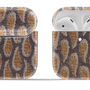 Yellow Paisley on Painted Grey Airpods Case Cover for 1st and 2nd Gen Original or Pro | Modern Vintage Accessory | Circle Keyring Included