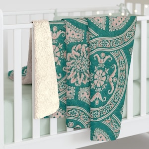 Teal Green and Pink Sherpa Fleece Blanket, Beautiful Vintage Pattern on Super Comfy Blanket