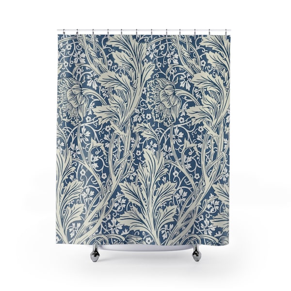 Elegant Blue and White Floral Print | Coastal Grandmother Bathroom Decor | Quick-Dry Polyester Washable Shower Curtain