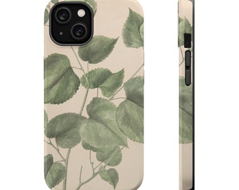 Botanisch groen blad getekend op MagSafe Tough iPhone-hoesje voor iPhones 12, 13, 14, 15, 16, 17 (Mini, Pro, Pro Max, Plus, Air)