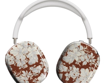 Translucent White Florals on Rich Brown Headphone Covers – Modern Vintage Aesthetic AirPods Max | Elegant Audio Gear |