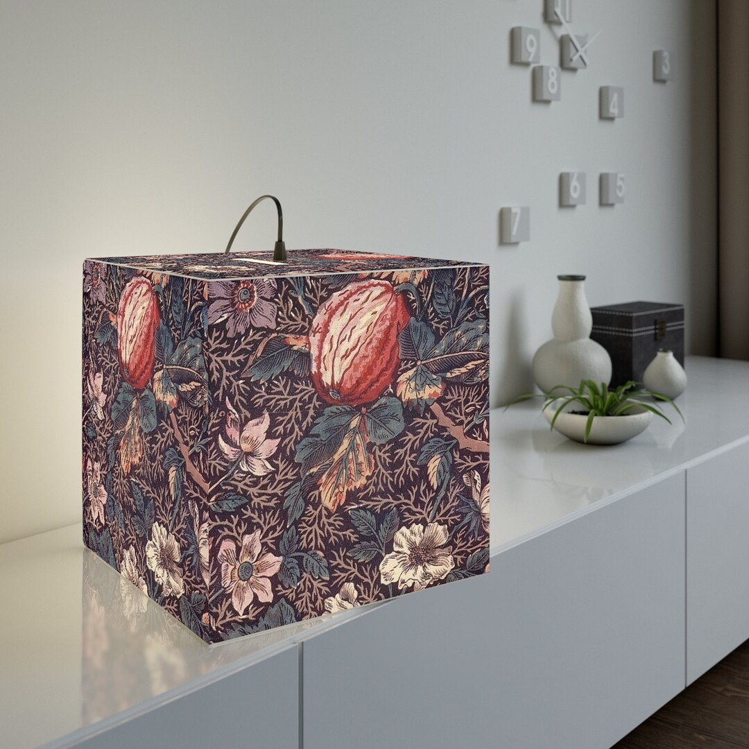 Pretty Purple Delicate Jungle Flower Cube Lamp, Minimalist Accent, Mood