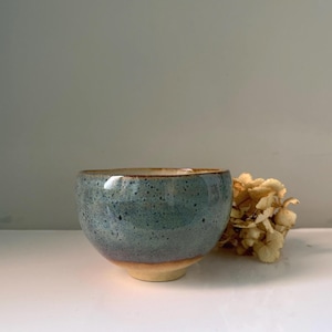 May include: A handcrafted ceramic bowl with a speckled blue-green glaze. The bowl has a rounded form with a light brown rim and base. A dried flower is beside the bowl.
