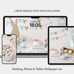 May include: A digital wallpaper set for desktop, phone, and tablet. The image features Easter-themed elements, including pastel-colored eggs in baskets, bunny silhouettes, and decorative bunting. The text reads "3 HIGH-RESOLUTION FILES INCLUDED".