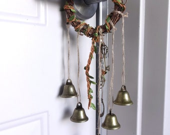 Witch Bells Protection Door Charm Wreath, Pagan Home Protection Talisman, Rustic Door Knob Hanger, Witches Wind Chime