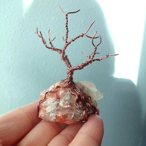 Small Wire Tree of Life, Chakra Healing Wire Tree Sculpture, Miniature Wire Wrapped Tree on Rock Blue Calcite and Blue Kyanite Crystal