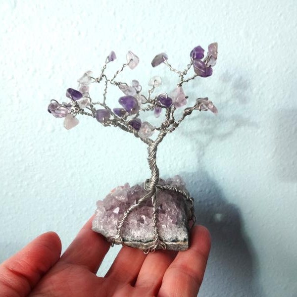 Miniature amethyst wire tree sculpture, Wire wrapped amethyst tree of life sculpture, Bonsai wire tree with purple amethyst gemstone chips