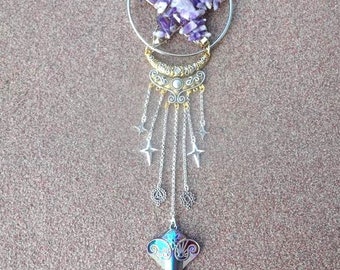 Amethyst crystal suncatcher, Pentagram crystal hanging, Witch pentacle window and wall decor