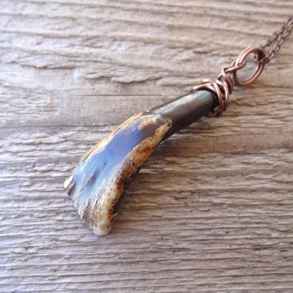 Brown buffalo tooth pendant necklace, Wire wrapped pendant protection jewelry, Real buffalo tooth necklace as unisex gothic jewelry