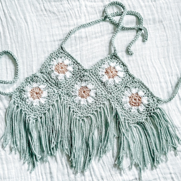 Crochet boho daisy fringe top | spring & summer halter top | crochet crop top | small 3 - 4 years | groovy birthday party | photo prop