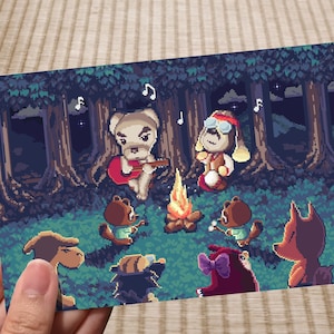 Animal Crossing Pixel Art Postcard / Stampa artistica estiva KK Slider Campfire Night Retro Gaming