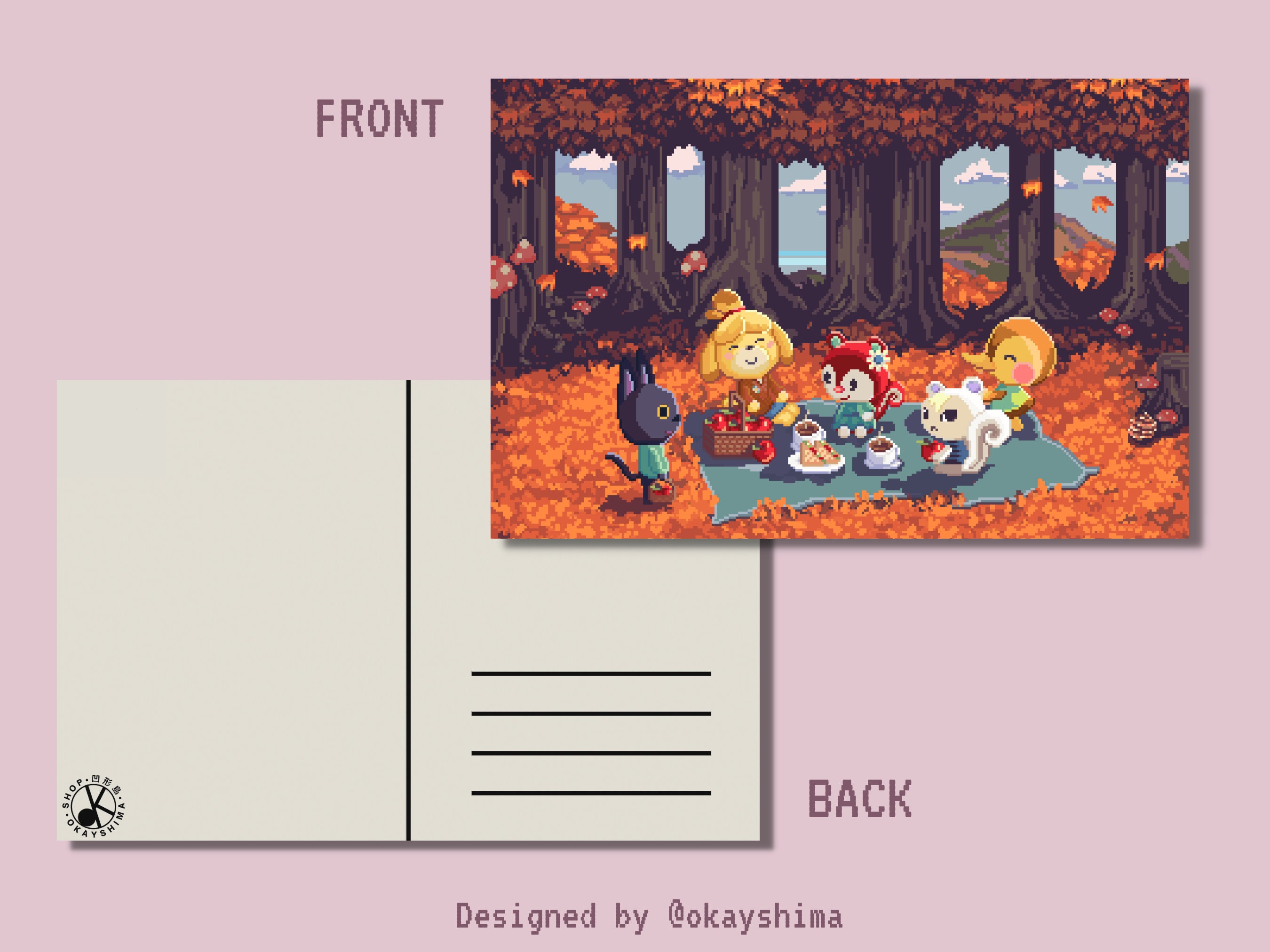 Animal Crossing Pixel Art Postcard | Autumn Picnic Retro Gaming  display picture 1