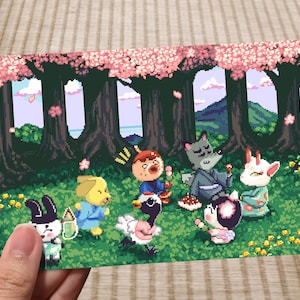 Animal Crossing Pixel Art Postkarte | Frühlingspicknick Sakura Night Retro Gaming Art Print