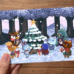 Animal Crossing Pixel Art Postcard / Winter Tree Coffee Retro Gaming Art Print