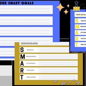 Puede incluir: Una hoja de trabajo imprimible con fondo azul y estrellas amarillas. La hoja de trabajo se titula "Define tus objetivos SMART" e incluye una sección para "Tu objetivo inicial" y una tabla con el acrónimo SMART, que significa Específico, Medible, Alcanzable, Relevante y Con Tiempo Definido.