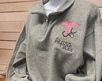 Embroidered Nurse Jacket, Custom Nurse Jacket, Caduceus Symbol Jacket, New Nurse Gift, Gift for Nurse, Quarter zip nurse jacket, embroidered