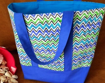 Beach Bag/ Weekender Tote/ Carryall/ Blue Chevron