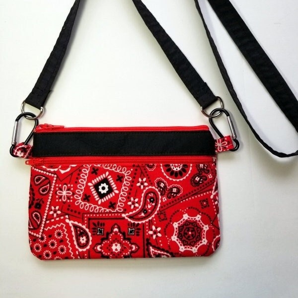 Red Bandana Hip Bag/ Belt Loop Bag/ Crossbody Bag w/ Black Strap