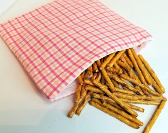 Snack Bag/ Reusable Snack Bag/ Velcro Snack Bag/ Cotton Snack Bag/ Washable Snack Bag/ Eco-Friendly Snack Bag/ Pink Check