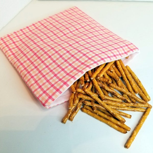 Snack Bag/ Reusable Snack Bag/ Velcro Snack Bag/ Cotton Snack Bag/ Washable Snack Bag/ Eco-Friendly Snack Bag/ Pink Check