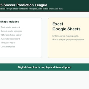 May include: A digital 2026 Soccer Prediction League workbook for Excel and Google Sheets. It includes a blank starter, current-results workbook, 104 match fixture tracker, automatic leaderboard, time zone helper, and a quick-start guide for tracking scores.