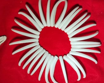 May include: A white, circular arrangement of curved, bone-like objects on a red background. A sculpted, off-white animal skull is positioned to the left. The objects are arranged in a sunburst or floral pattern.