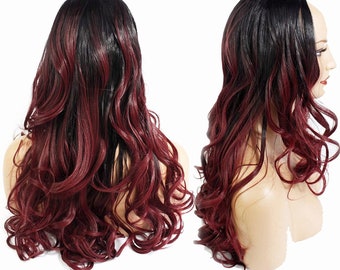 Womens 3/4 Half Wig Hair Piece Black/burgundy Highlights Wavy - Etsy Womens 3/4 Half Wig Hair Piece Black/burgundy Highlights Wavy - Etsy