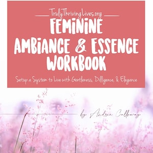 May include: A pink and white book cover with the title "Feminine Ambiance & Essence Workbook" and the text "Setup a System to live with Gentleness, Diligence, & Elegance" by Andrea Calloway. The background is a blurry image of pink flowers.