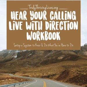Könnte beinhalten: Ein braunes und weißes Arbeitsbuch mit dem Titel "Hear Your Calling Live With Direction Workbook" und dem Text "Setup a System to Know & Do What You're Here to Do" sowie dem Namen der Autorin "Andrea Calloway". Das Titelbild zeigt eine kurvenreiche Straße durch eine Berglandschaft.