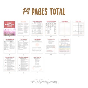 May include: A pink and white workbook with the title "Feminine Ambiance & Essence Workbook" and the text "14 Pages Total". The workbook is divided into 14 sections, each with a different topic.