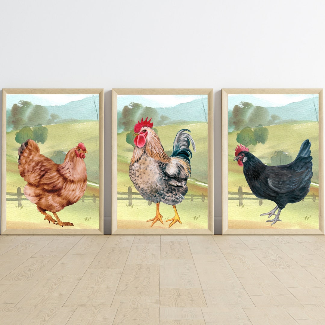 Chicken Print Set, Chicken Wall Art, Chicken Farmhouse Decor, Chicken