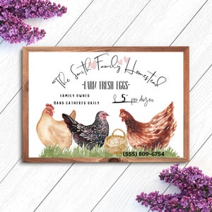 May include: A white sign with brown wood frame, featuring a watercolor illustration of three chickens. The sign reads 